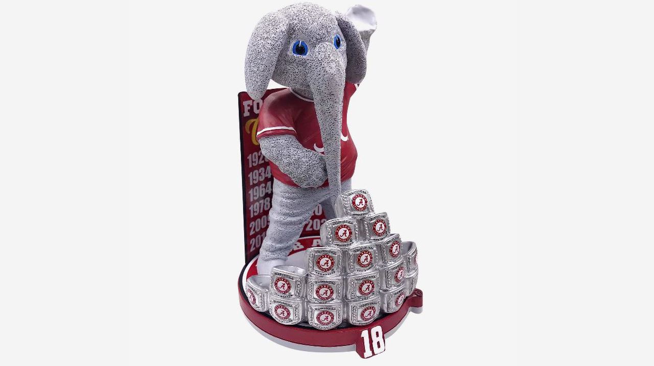 Alabama’s Big Al bobblehead – with 18 championship rings – now available